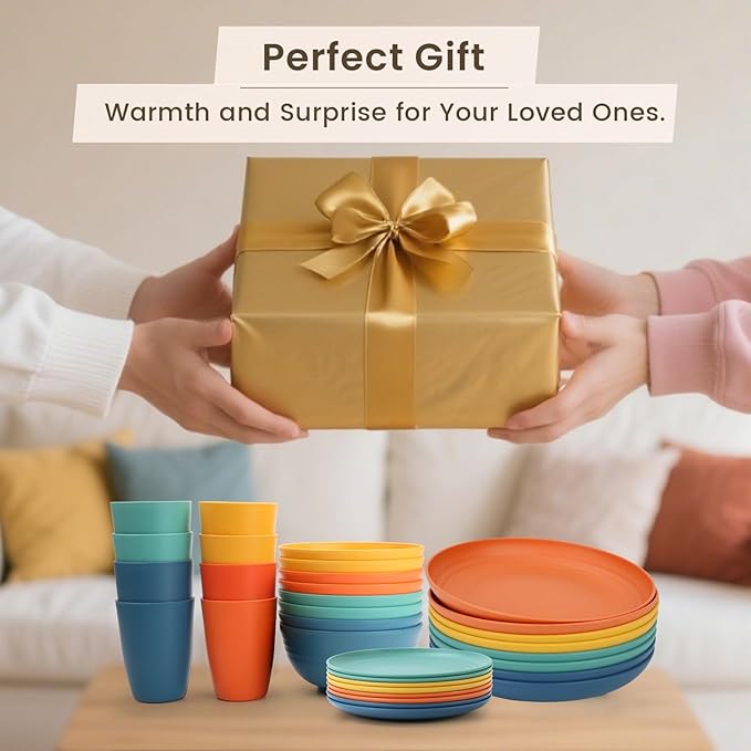 Homienly Dinnerware Set 32-Piece Wheat Straw Dinnerware Sets Unbreakable Reusable Dinnerware Set Kitchen Cups Plates and Bowls Sets, Microwave and Dishwasher Safe Dishes for Camping, Outdoor-Colorful