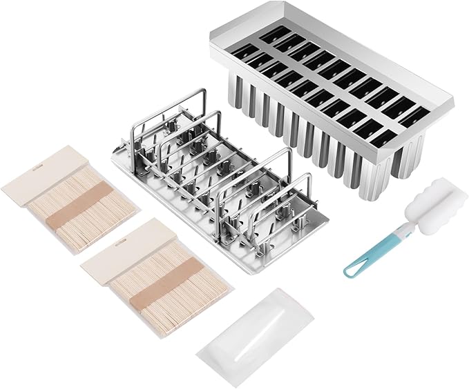 20PCS Commercial Popsicle Molds Heavy Duty Stainless Steel Popsicle Maker Kit with Brush & Sticks, 85g Capacity per Slot, DIY Yogurt Ice Cream Tools for Home Restaurants (Round Head Double Groove)