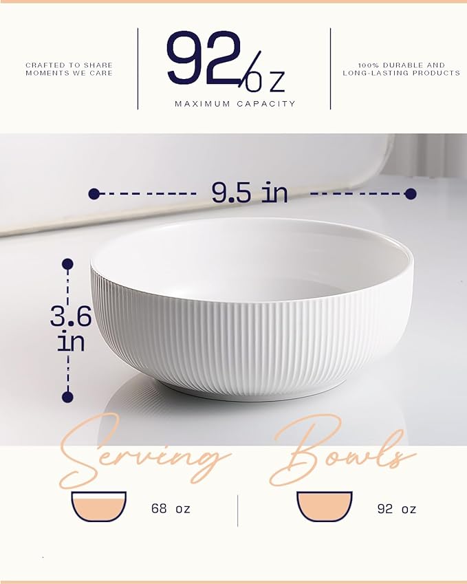 getstar Large Serving Bowls (9.5 inch & 92 fl oz), Ceramic Salad Bowl Set of 2, Microwave and Dishwasher Safe