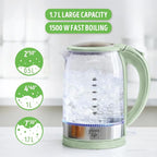 GreenLife 1.7 Liter Glass Electric Kettle, Easy One Touch Use, Quick Heating, Filtered Spout, LED Base, Auto Shut-Off, Cordless Serving, Coffee and Tea, Sage Green