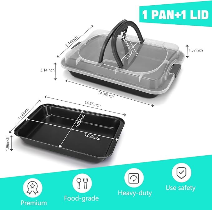 Cake Pan With Lid, 9x13 Inch Rectangular Cake Pan with Wide Handles, Nonstick Bakeware Baking Pan With Lid and Handle, Black