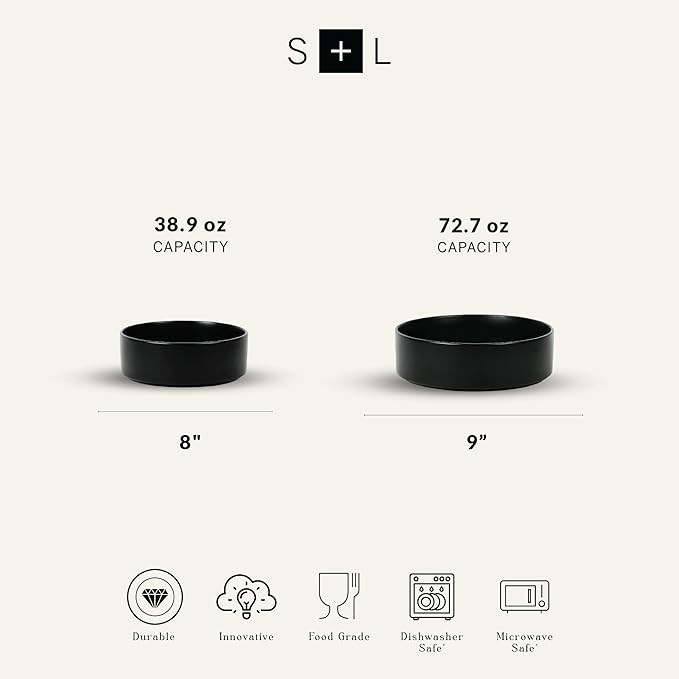 Stone Lain Celina Stoneware 2-Piece Serving Bowl Set, Black Bowls, Minimalist Dinnerware, Dish Set, Tall Rim, Microwave & Dishwasher Safe, Casual Tableware