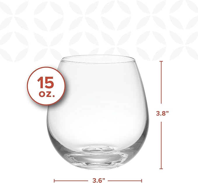 GLING [15 oz Stemless Wine Glasses Set of 4, Wine Glass Cups for Red or White Wine - These Crystal Tumblers are Great for Wedding, Birthdays, and All Occasions