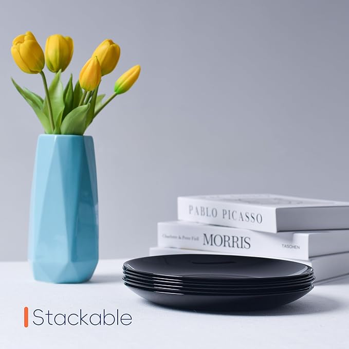 8.5 inch Salad Plate Set of 6, Lightweight Opal Glass Round Black Plates for Appetizer Dessert Kitchen, Dishwasher and Microwave Safe