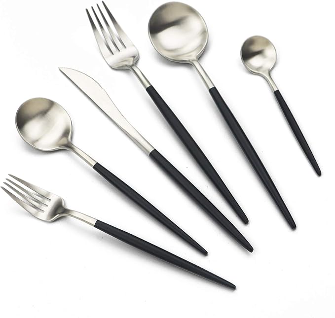 JASHII 18/10 Black Handle Flatware Silver Silverware Set 304 Stainless Steel Flatware Cutlery Set| 6-Piece Adaline Royal Modern Satin Finish| BEST Birthday Wedding Gift (Black Handle Matte Silver)
