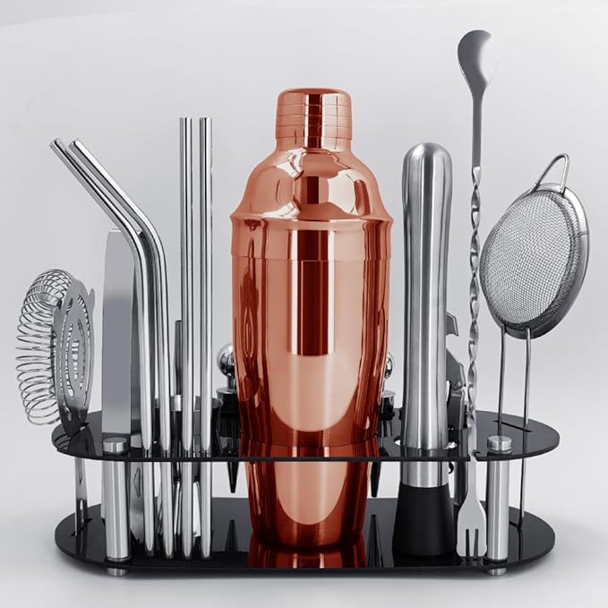 Cocktail Shaker Set Bartender Kit with Stand - 16 Piece Bar Tool Set Drink Mixer Set Includes : Shakers, Jigger, Strainer, Mixer Spoon, Muddler, Liquor Pourers, Straw (Rose Gold)