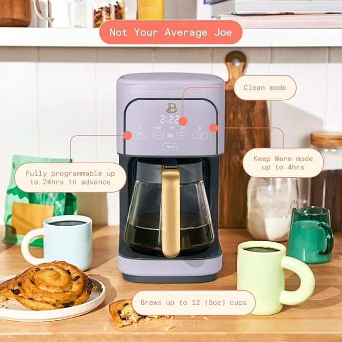 Beautiful 12-Cup Programmable Coffee Maker with Touch Activated Display, Auto Brew Timer, Reusable Filter & Large Glass Carafe (Lavender)