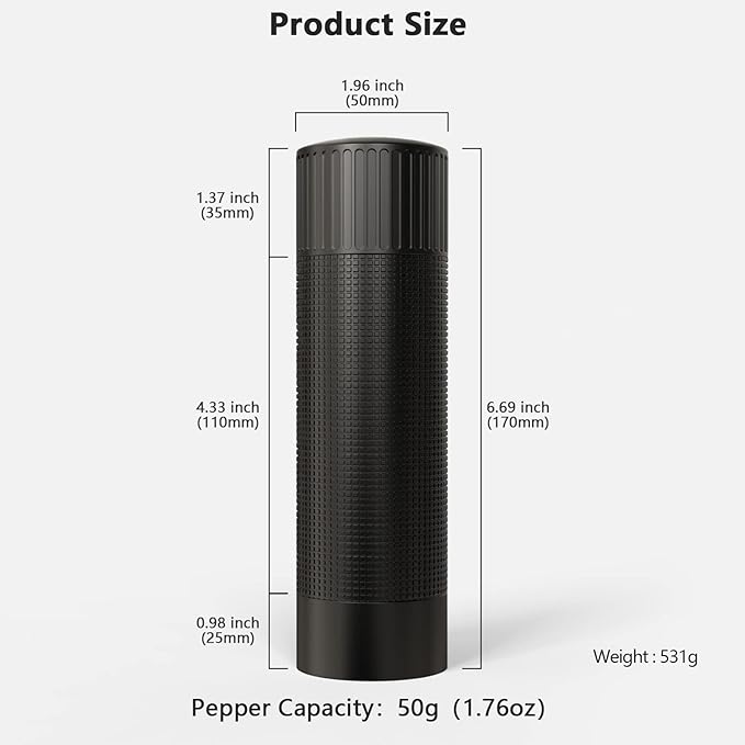 Luvan Pepper Grinder Mill, Heavy Duty Aluminum Manual Pepper Mill, Professional Grade Pepper Grinder with Stainless Steel Blade and Adjustable Coarseness, Black Pepper Mill Grinder Refillable Gift Set