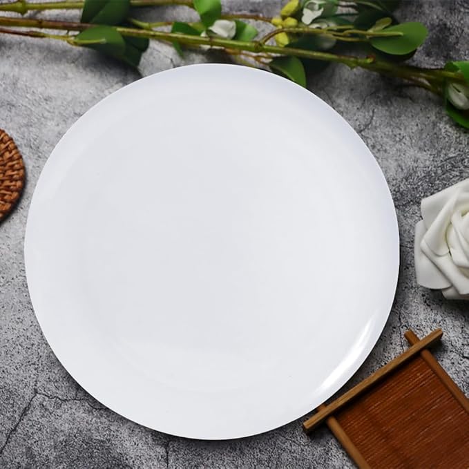 White Melamine Dinner Plates,12pcs Dishes Set,10inch Lightweight Round Plastic Plates,Scratch Resistant Unbreakable Serving Dishes,White