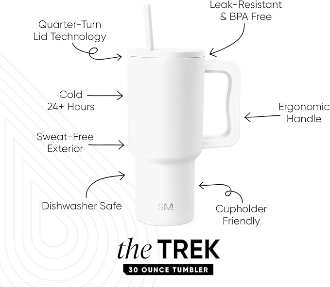 Simple Modern 30 oz Trek Tumbler with Handle and Straw Lid | Cup Holder Friendly Insulated Stainless Steel Travel Mug | Winter White