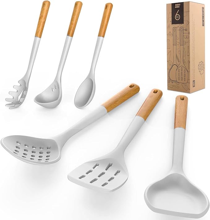 Large Silicone Cooking Utensils Set - Heat Resistant Silicone Kitchen Utensils for Cooking w Wooden Handles, Spatula Set, Kitchen Utensil Gadgets Sets for Non-Stick Cookware, BPA Free (White)