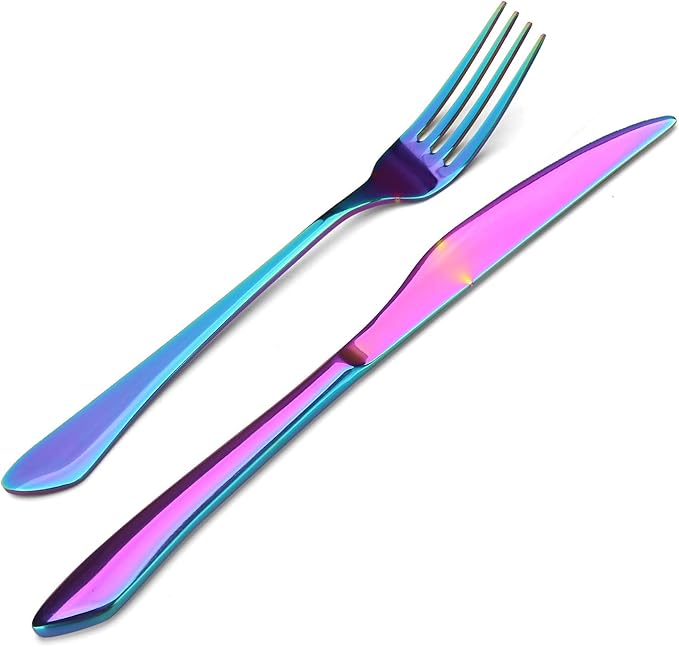 Rainbow Silverware Set, 20-Piece Stainless Steel Flatware Set with Round Edge, Kitchen Utensil Set Service for 4, Dishwasher Safe