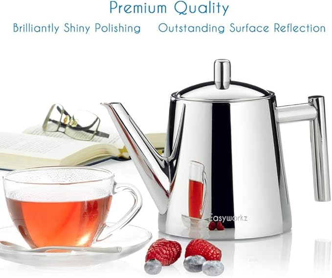Easyworkz Stainless Steel Double Wall 34 oz Tea Pot with Removable Tea Infuser, Perfect for Brewing Your Favorite Tea, Chrome