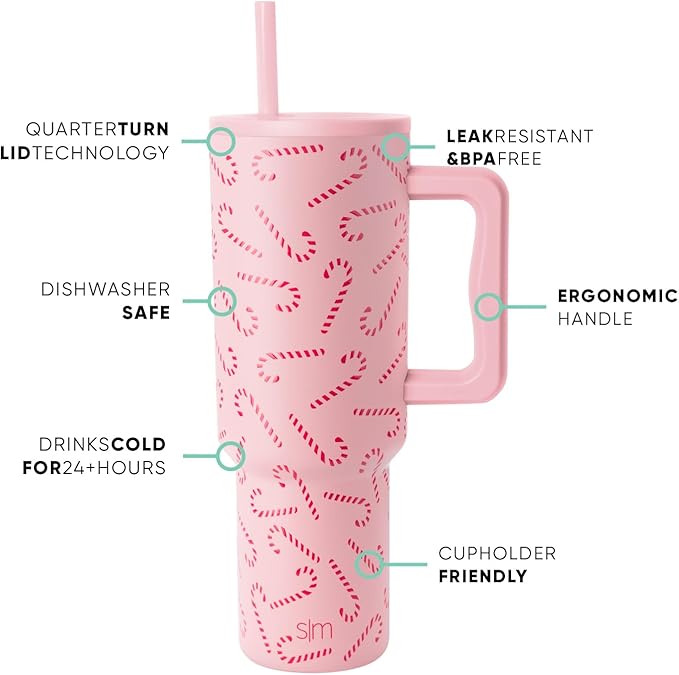 Simple Modern 40 oz Trek Tumbler with Handle and Straw Lid | Cup Holder Friendly Insulated Stainless Steel Travel Mug | Pink Candy Cane Toss