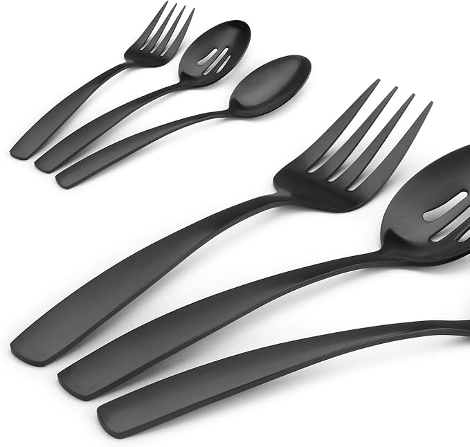O.C.E. 5-Piece Matte Black Serving Flatware Silverware Set, Utensil Set of Stainless Steel, Satin Finish, Hostess Tableware Serving Set, Dishwasher Safe