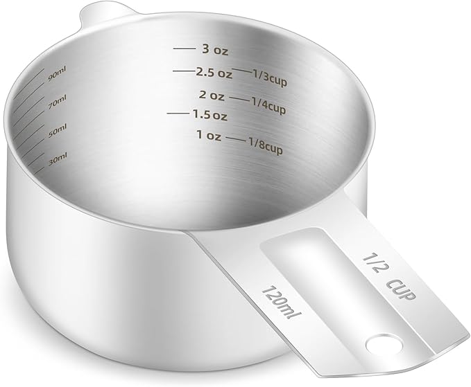 1PCS 1/2Cup (120ml, 4oz) Single Measuring Cup, Etched Inner Scale Stainless Steel Measure Scoop, Metric and US Measurement, Dishwasher Safe