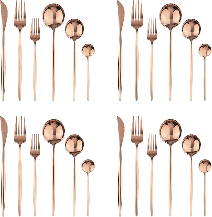 24Pcs Copper Mirror Silverware Flatware Set, 18/0 Stainless Steel Cutlery Set Utensils Kitchen Rose Gold Dinnerware Include Knife Fork Spoon and Teaspoon, Service for 4