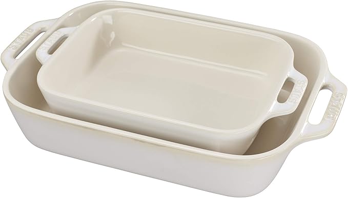 STAUB Ceramic Rectangular Baking Dish Set, 2 pc, Rustic Ivory