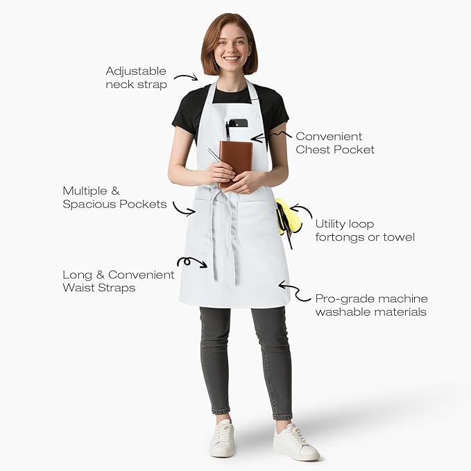 Unisex Apron with Pockets for Cooking, Salon & Art - 100% Cotton Adult Kitchen, Chef, Stylist Apron