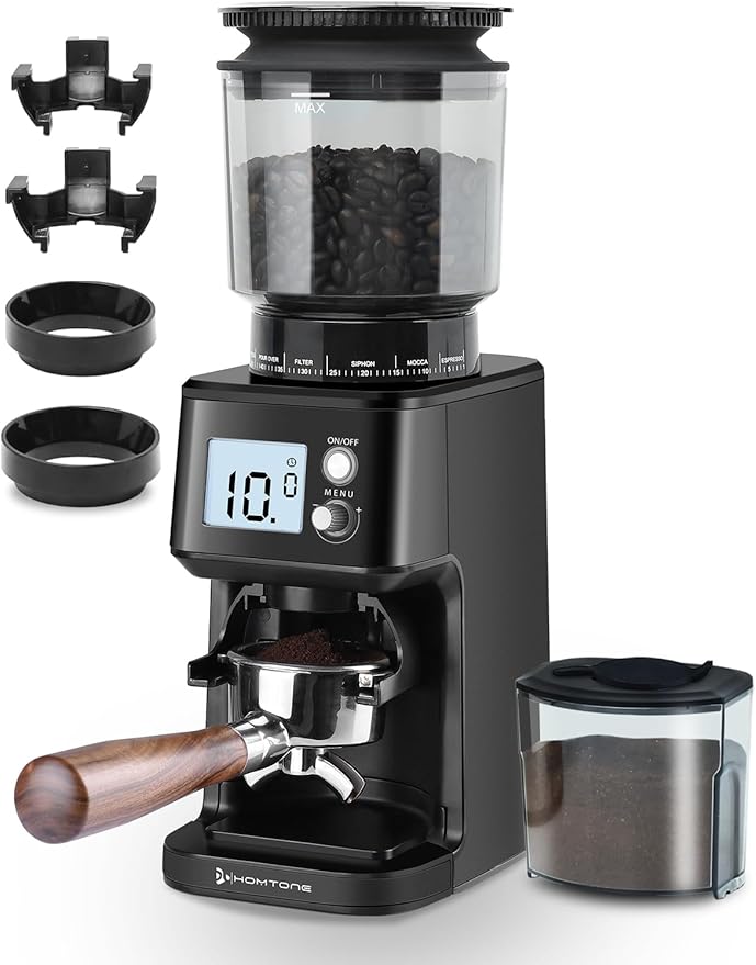 Homtone Conical Burr Espresso Coffee Grinder, Electric Coffee Grinder with 51 Precise Settings, 120V Espresso Grinder with Portafilter Holder, Adjustable for 2-12 Cups, Stainless Steel, Anti-static