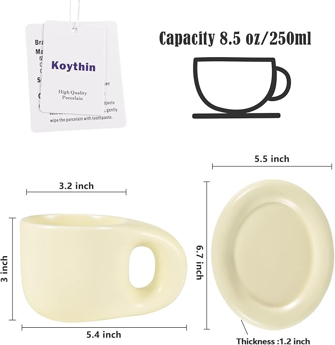 Koythin Ceramic Coffee Chubby Mug Saucer Set, Creative Cute Fat Handle Cup with Saucer for Office and Home, Dishwasher and Microwave Safe, 10 oz for Latte Tea Milk (Beige)