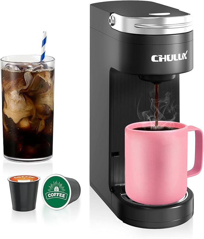 CHULUX Slim Single Serve Coffee Maker for K Pods, One Cup Coffee Maker Fits 7.3" Travel Mugs, Coffee Machine with 6 to 12oz Brew Sizes
