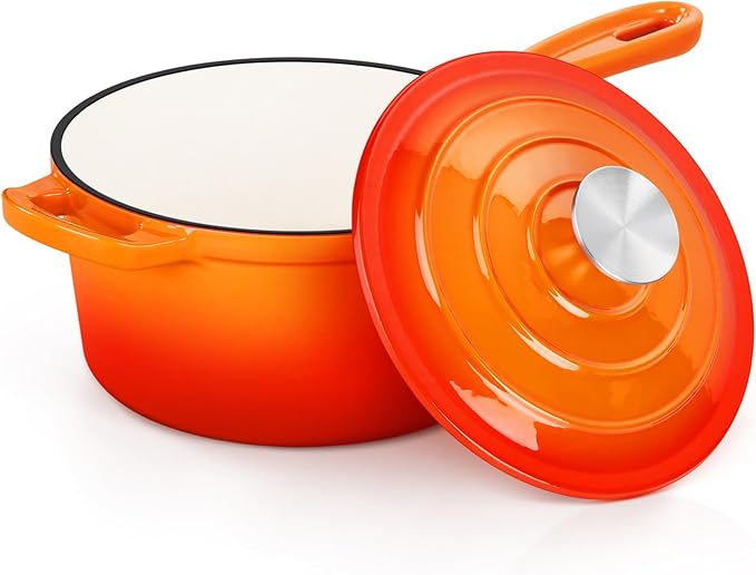 E-far Enameled Cast Iron Sauce Pan with Lid, 1 Quart Dutch Oven Saucepan, Mini Sauce Pot for Cooking, Boiling, Healthy & Non Toxic, Induction & Oven Safe, Orange
