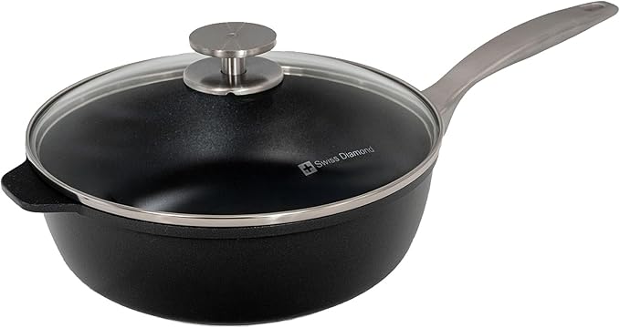 Swiss Diamond Nonstick Saute Pan with Lid, Diamond Coated Aluminum Deep Saute Pan with Lid Features Stainless Steel Handle, Dishwasher & Oven Safe Up To 500 °F, 9.5 Inch, 3.2 Quart