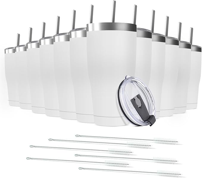 12 Pack 20oz Stainless Steel Tumblers Bulk Reusable Travel Mugs with Lid, Double Wall Powder Coated Coffe Cup for Home, Office, Outdoor Suitable for Vehicle Cup Holders