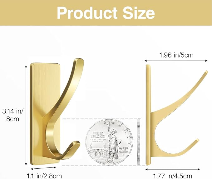 Self Adhesive Coat Hooks for Hanging, Heavy Duty Stainless Double Wall Hook for Towel, Backpack, Hat, Sturdy Metal Hanger for Bathroom, Bedroom, Door, Wall Mounted, 4-Pack, Bling Gold
