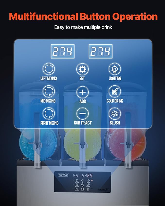 VEVOR Commercial Slushy Machine, 12Lx3 Triple Tank Frozen Drink Machine, 144 Cups Stainless Steel Margarita Smoothie Frozen Drink Maker, Slushie Maker for Home Party Restaurants Cafe Bars