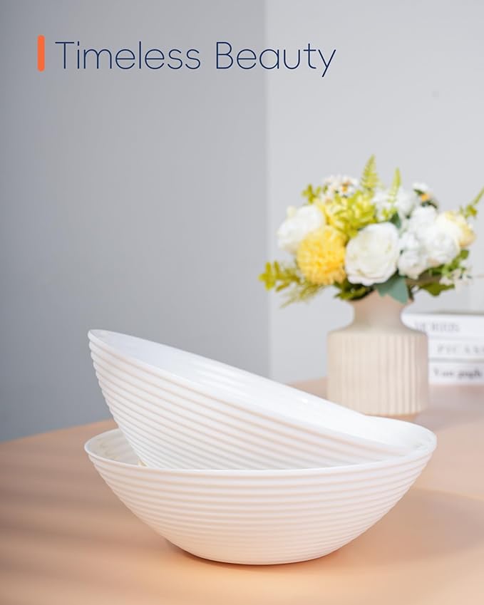 54 OZ Salad Bowl Set of 2, Opal Glass 9.5 inch Serving Dishes for Salad, Fruit, Kitchen Microwave & Dishwasher Safe, White