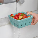 ONEMORE Berry Basket Ceramic Berry Bowls with Holes Square Fruit Bowl Berry Colander Containers for Fridge - 5.8" Fruit Basket for Kitchen Décor, Set of 2, Mint Green