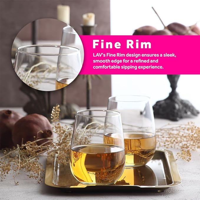 LAV Stemless Red & White Wine Glasses Tumbler Set of 6 - Drinking Glassware for Water Champagne Martini Mimosa Prosecco Cocktail Sangria - Short 16 oz No Stem Glasses Dishwasher Safe