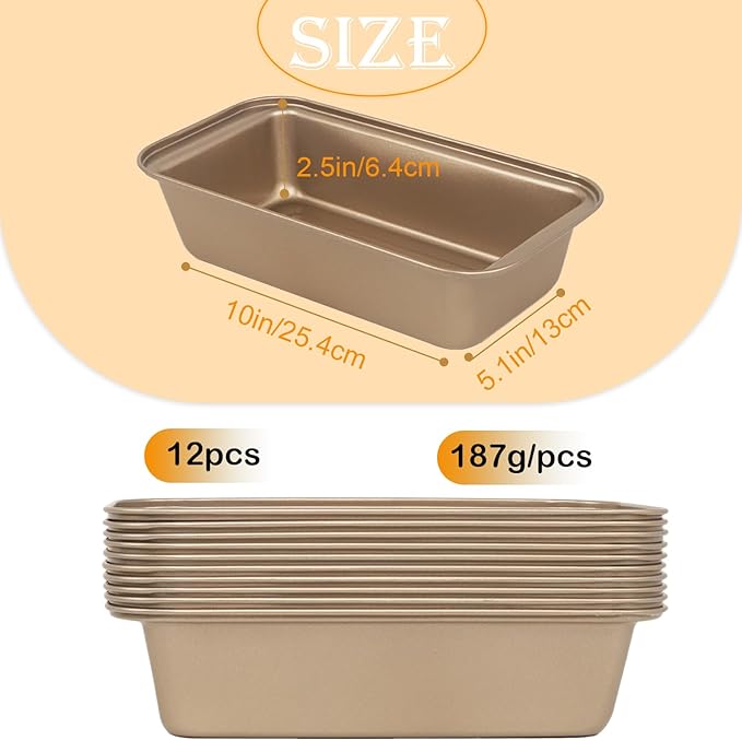 Small Mini Loaf Pans Nonstick Bread Pans Set, 12-Pack, 10x5.1x2.5 in, Thick Carbon Steel, Oven & Air Fryer Safe, Cute Baking Tins, Easy-to-Clean, Durable Bakeware for Mini Bread & Cakes (Gold)