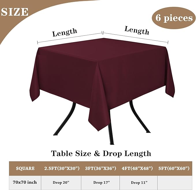 Fitable 6 Pack Square Tablecloths - 70 x 70 Inches - Stain Resistant and Reusable Table Clothes, Burgundy Polyester Fabric Table Covers for Dining, Card Tables, Coffee Tables