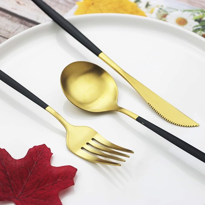 JASHII Silverware Set, 24-Piece Stainless Steel Flatware Set,Kitchen Utensil Set Service for 6,Tableware Cutlery Set for Home, Dishwasher Safe (Matte Black handle gold)