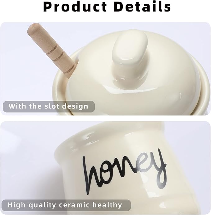 ONTUBE Honey Jar with Dipper and Lid, Ceramic Honey Pot 12oz, Beige