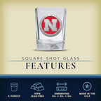 Heritage Pewter Nebraska Square Shot Glass | Hand-Sculpted 1.5 Ounce Shot Glass | Intricately Crafted Metal Pewter Alma Mater Inlay