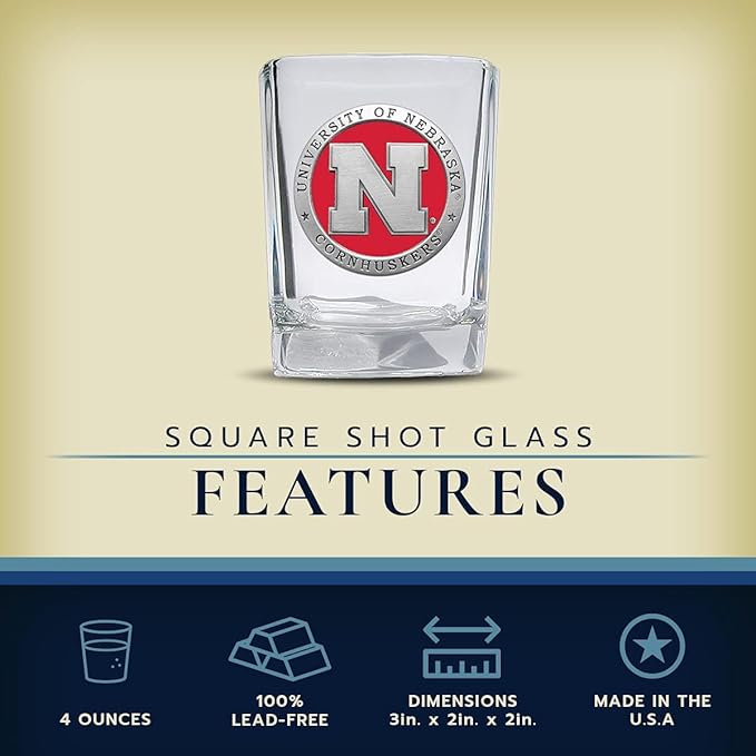 Heritage Pewter Nebraska Square Shot Glass | Hand-Sculpted 1.5 Ounce Shot Glass | Intricately Crafted Metal Pewter Alma Mater Inlay