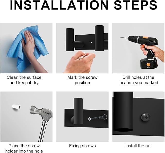 VAEHOLD Black Hat and Coat Wall Mount Rack 5 Hooks for Robes, Bags, Keys, and Towels Bathroom Towel Hanger Organizer (2 Pack)