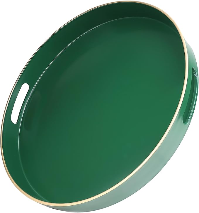 Green Round Decorative Tray with Handles, 13" Versatile Serving Tray for Coffee Table, Ottoman, Ideal for Serving, Displaying, Organizing