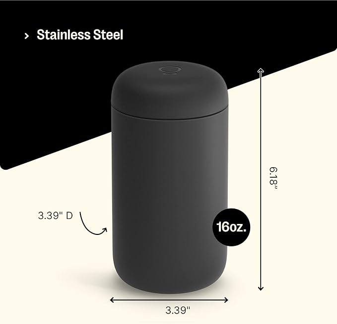 Fellow Carter Coffee Mug 16 oz For Travel - Wide Mouth Vacuum-Insulated Stainless Steel Tea and Coffee Tumbler with Ceramic Interior - Matte Black