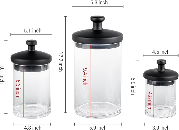 MyGift Glass Apothecary Jar Set with Black Lids, Decorative Kitchen and Bathroom Storage Canisters, Wedding Centerpiece Jars, Candy Buffet Containers