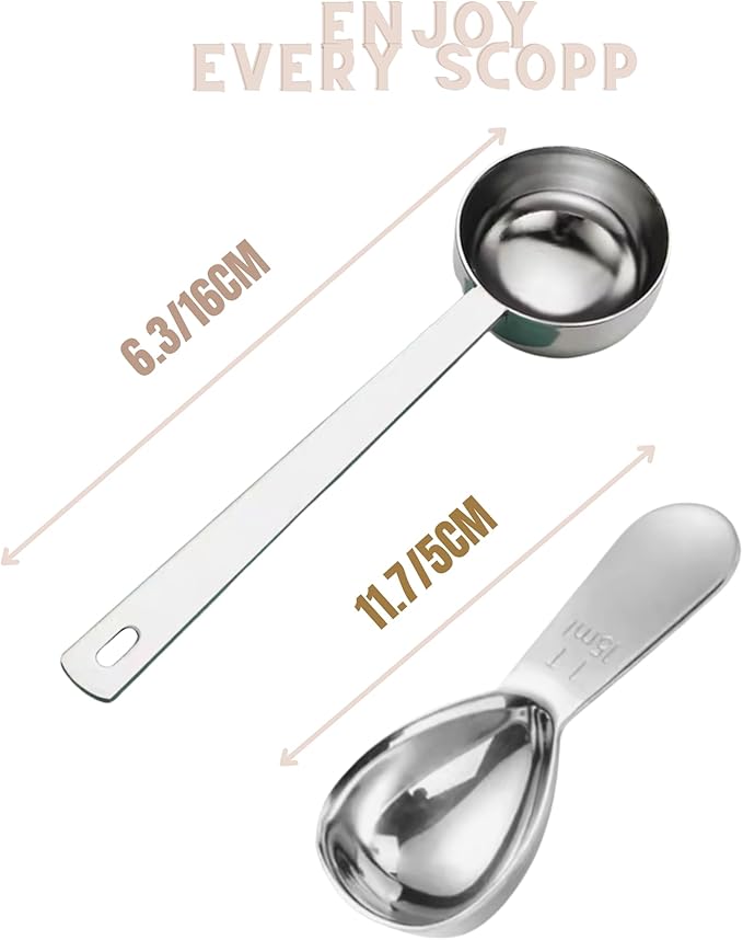 Coffee Scoop Set – 30ml Round & 15ml Curved Stainless Steel Measuring Spoons – Dual Design for Perfect Coffee Tea, & More – Ergonomically Balanced Handles