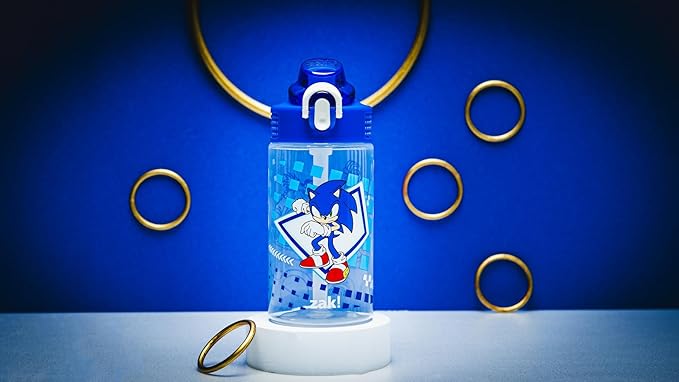 Zak Designs Sage Sonic the Hedgehog Water Bottle For School or Travel, 16oz Durable Plastic Water Bottle With Straw, Handle, and Leak-Proof, Pop-Up Spout Cover (Sonic, Eggman)
