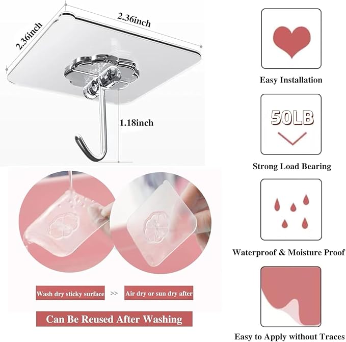 Adhesive Wall Hooks for Hanging Heavy Duty 50 lbs Large Hooks for Walls No Damage, Towel Sticky Clear Hook, Waterproof, Home, Bathroom, Kitchen, Office, and Outdoor 10 Pack