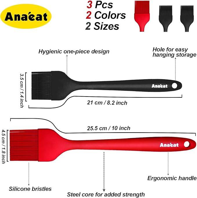Anaeat High Heat Resistant Silicone Basting Pastry Brush Set of 3- Hygienic One-Pieces Design Spread Oil Butter for BBQ Grill Barbecue Baking Kitchen Cooking - BPA Free & Dishwasher Safe (10"+8.2")