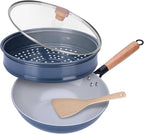 Non-Stick Wok with Steamer Basket,12 Inches Stir Fry Pans with Lid, Flat Bottom Pan Multifunctional Cookware Chinese Woks for Induction, Gas, Halogen(Blue)