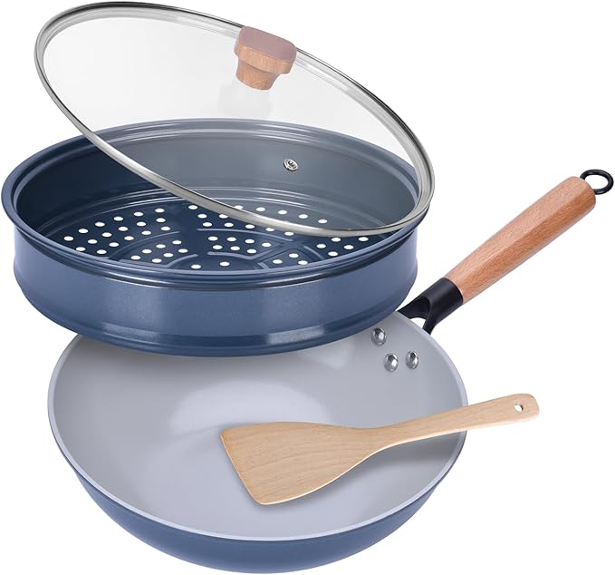 Non-Stick Wok with Steamer Basket,12 Inches Stir Fry Pans with Lid, Flat Bottom Pan Multifunctional Cookware Chinese Woks for Induction, Gas, Halogen(Blue)